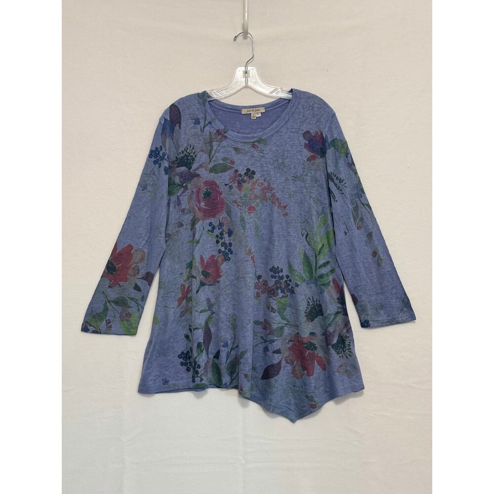 Jess & Jane Long Sleeve Floral Slub Knit Tunic Blue Womens Large Art to Wear - Picture 3 of 10